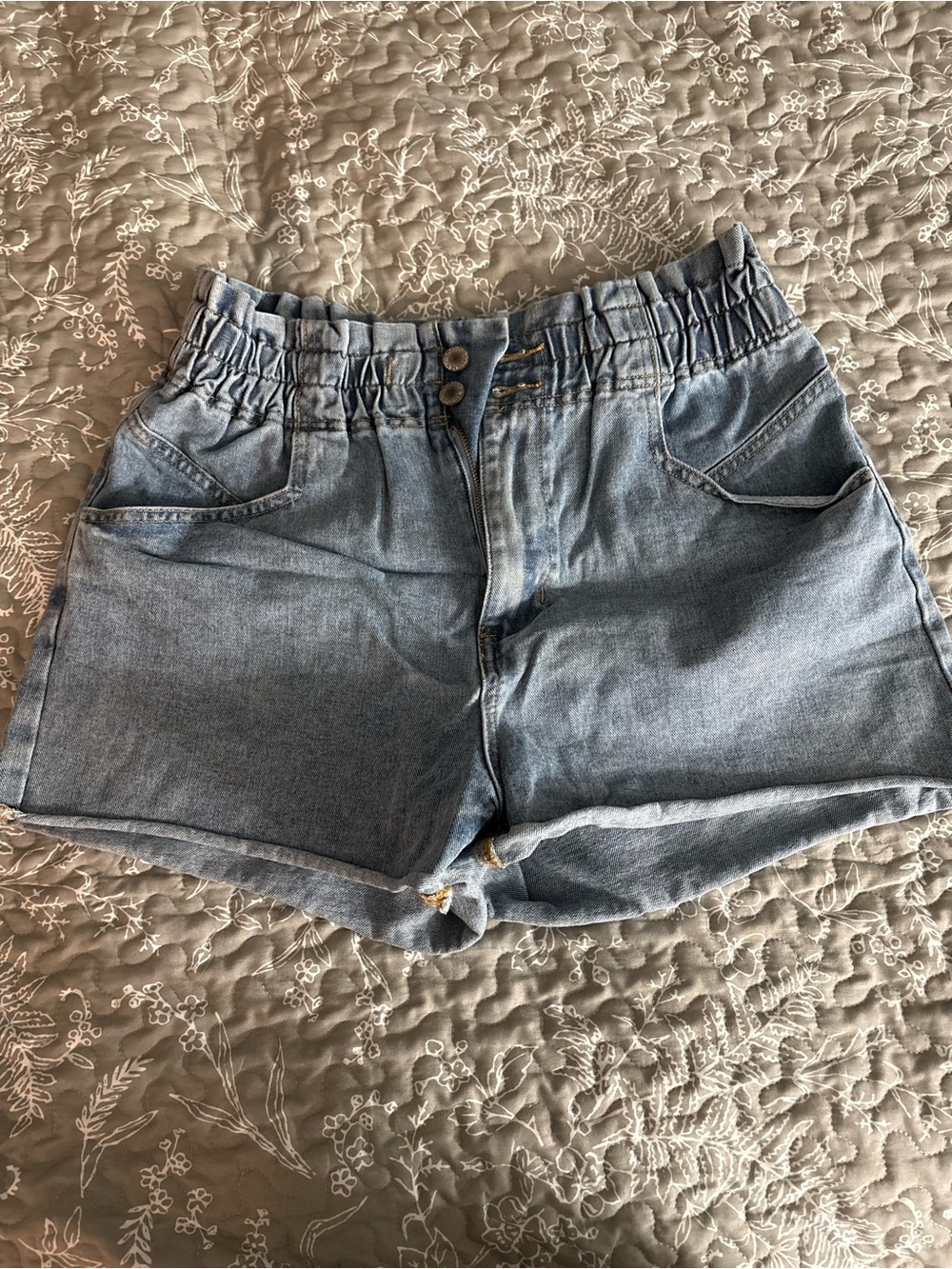 High-Rise Light Wash Denim Shorts with Elastic Waist